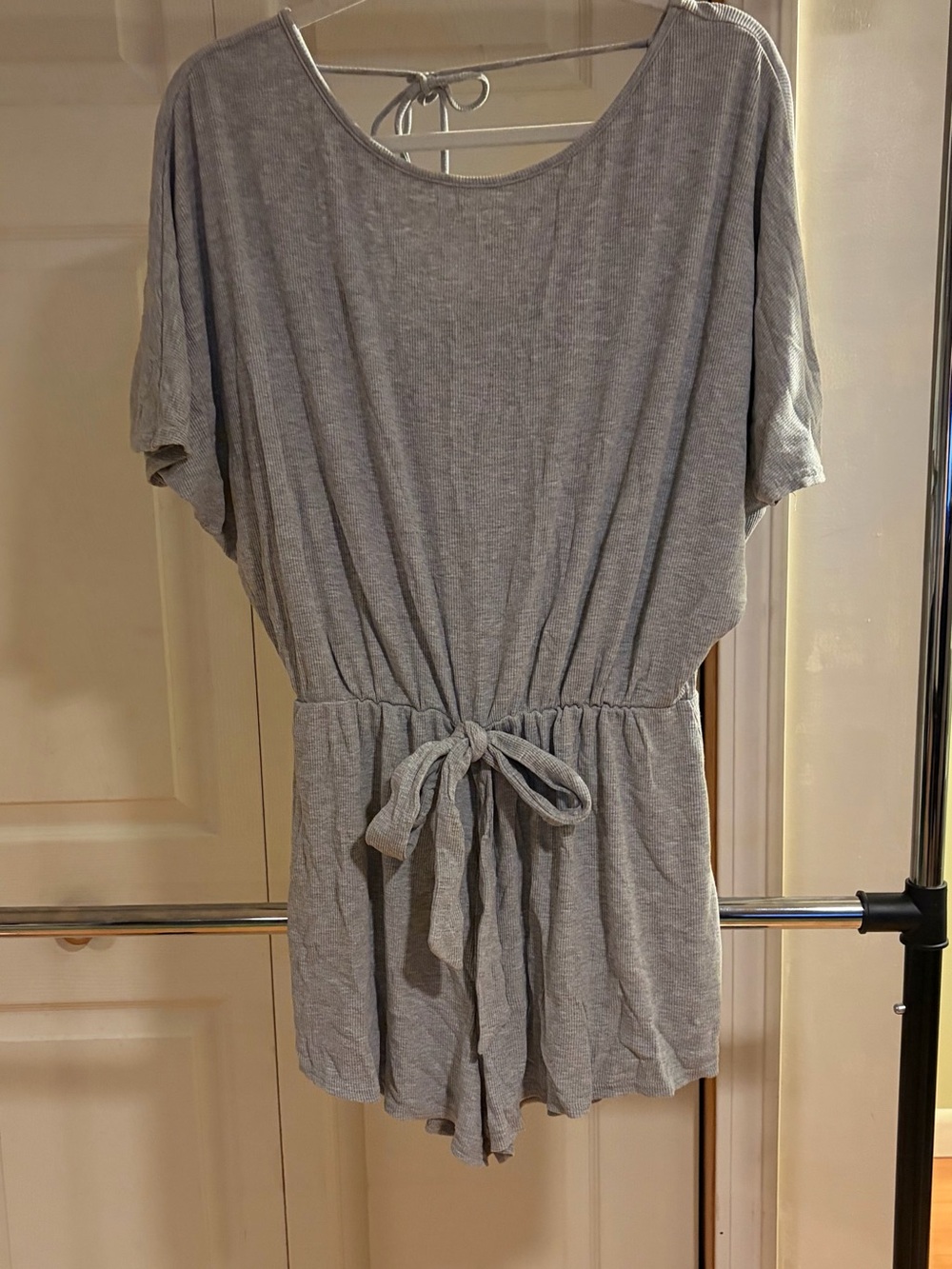 Women's Gray Tie-Waist Short Sleeve Romper by Pink Lily